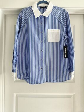 Karl Lagerfeld Blue and White Striped Dress Shirt with Contrast Collar